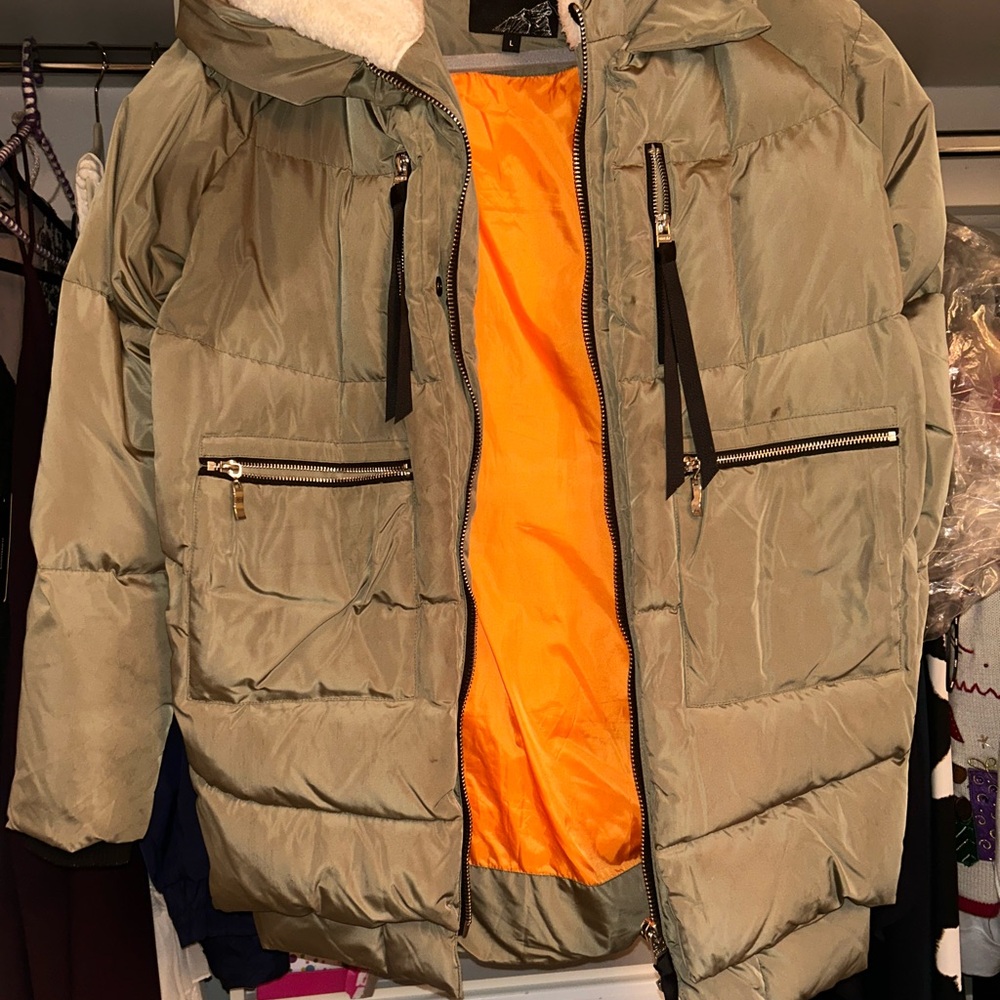 Oversized Olive Puffer Jacket with Orange Lining